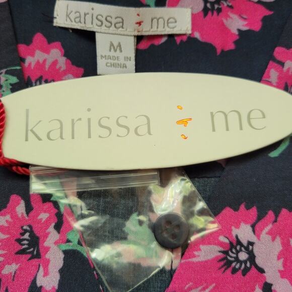 NWT Karissa & Me Navy Blue & Pink Floral‎ V-Neck Roll Tab Long Sleeve Blouse - M - Picture 4 of 8